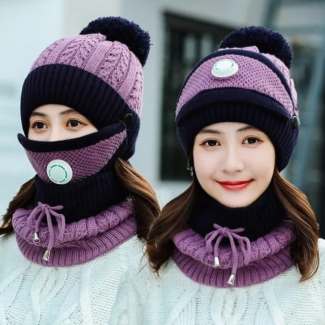 3 Pcs/set With Breathing Mask 2in1 Knitted Pompoms Fur Lined Protective Knitted Woolen Warm Winter Cap