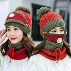 3 Pcs/set With Breathing Mask 2in1 Knitted Pompoms Fur Lined Protective Knitted Woolen Warm Winter Cap