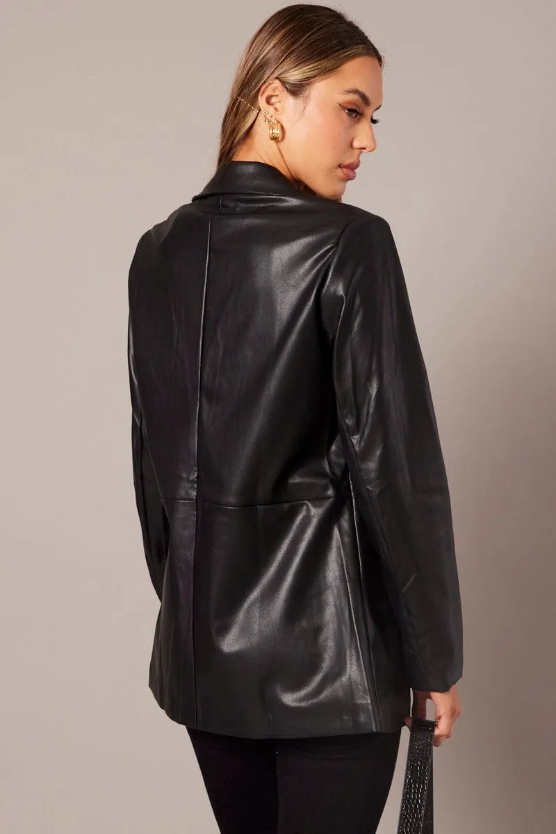 Black Jacket Faux Leather Collared