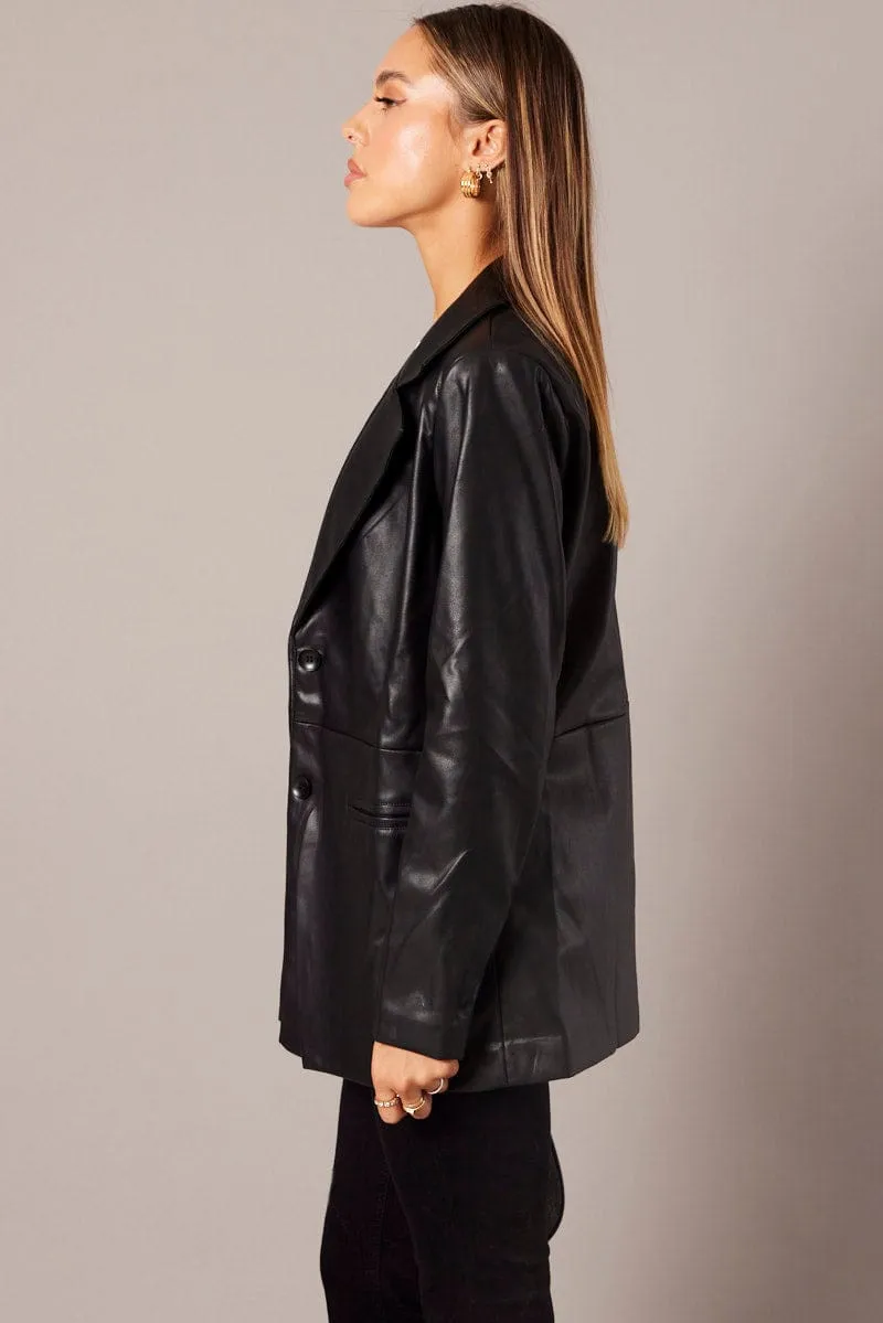 Black Jacket Faux Leather Collared