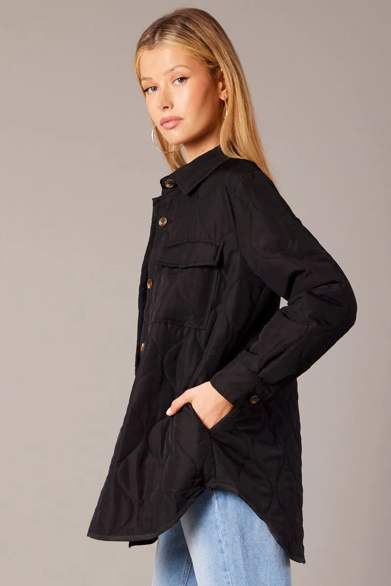 Black Jacket Puffer Collared Long Sleeve