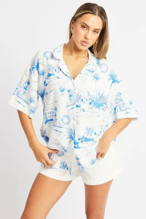 Blue Abstract Relaxed Shirt Short Sleeve Linen Blend