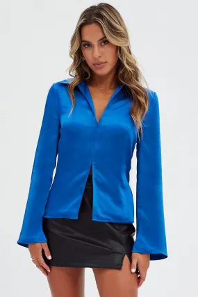 Blue Shirt Long Sleeve Collared Hook & Eye Satin Crepe