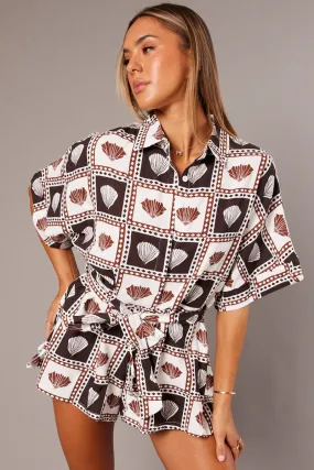 Brown Abstract Oversized Playsuit