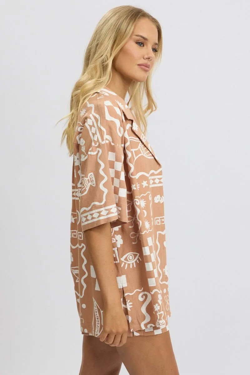 Brown Abstract Relaxed Shirt Short Sleeve Linen Blend