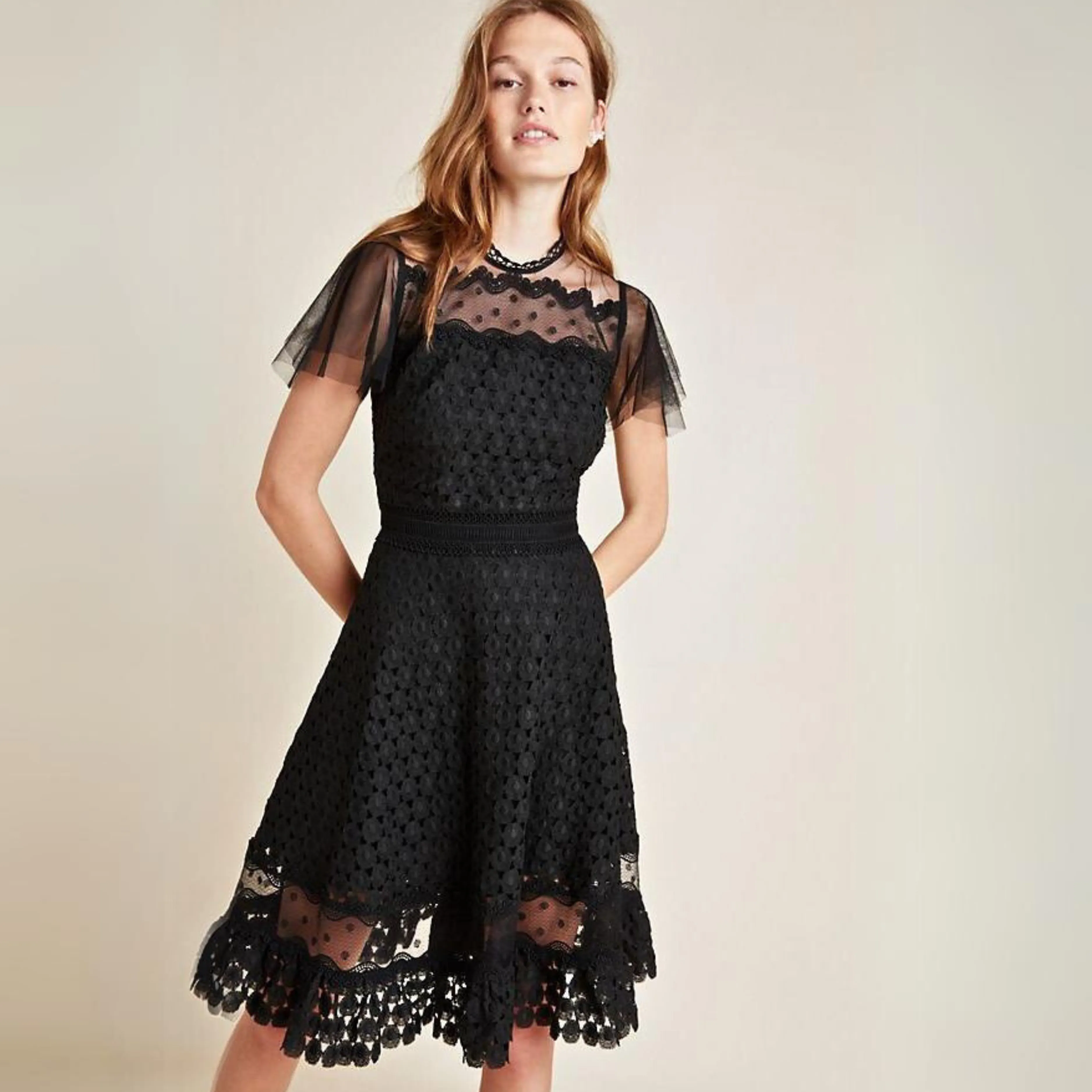 Brynn Fit and Flare Dress - Black Tulle and Lace