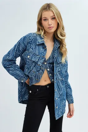 Denim Paisley Shacket Long Sleeve Collared Paisley Denim