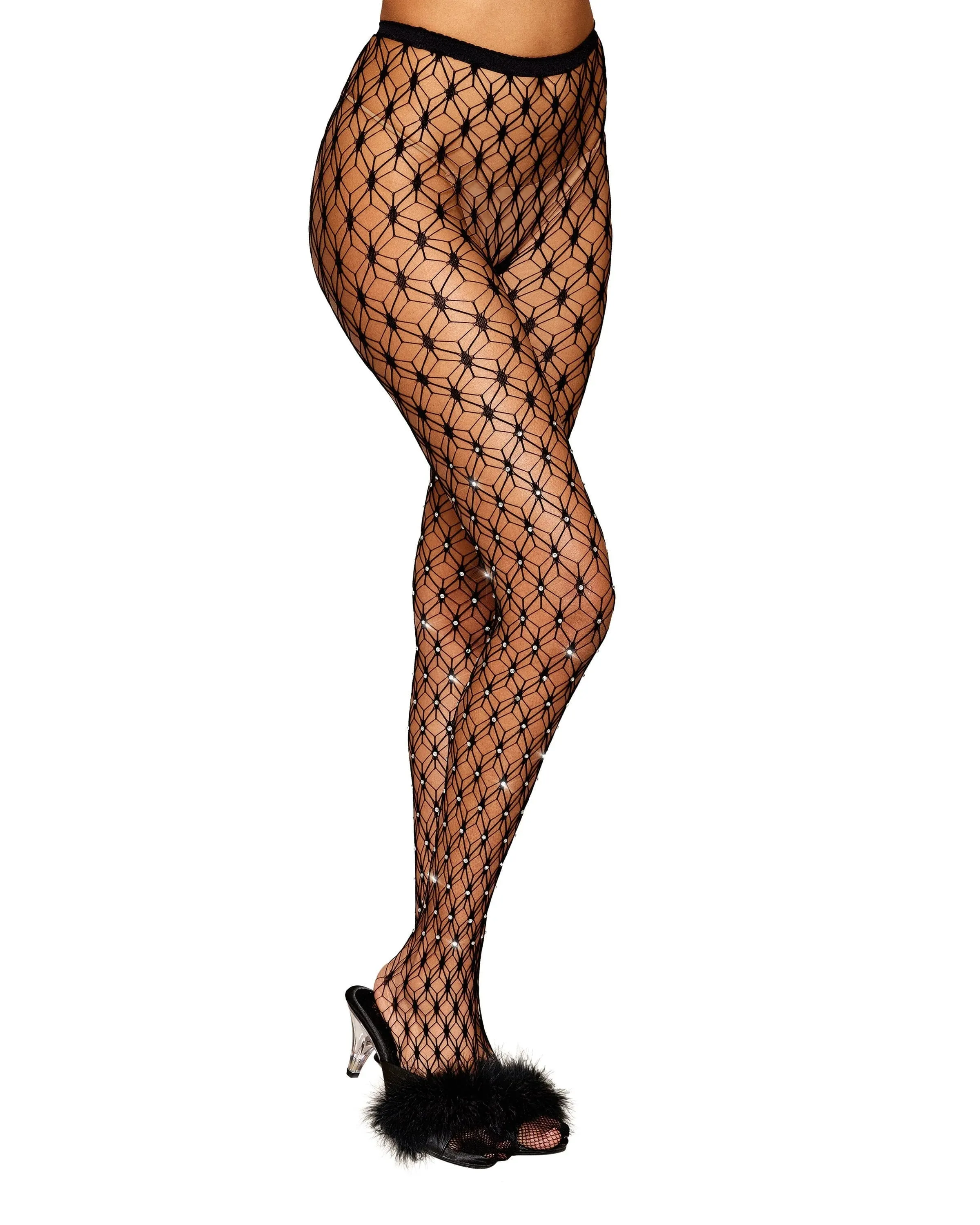 Geometric Fence Net Pantyhose with Rhinestone Embellishment