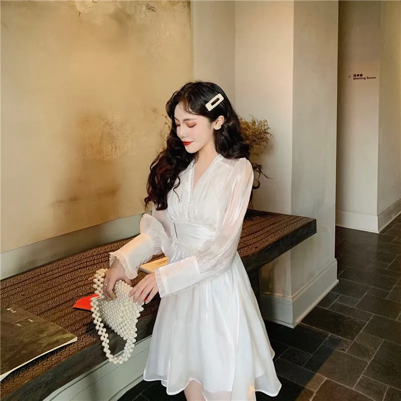 Graduation party  Korean Ulzzang Spring Fall Women White French Dress Sexy V Neck See Through Party Mini Dress Puff Sleeve Stylish Dress With Belt