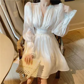 Graduation party  Korean Ulzzang Spring Fall Women White French Dress Sexy V Neck See Through Party Mini Dress Puff Sleeve Stylish Dress With Belt