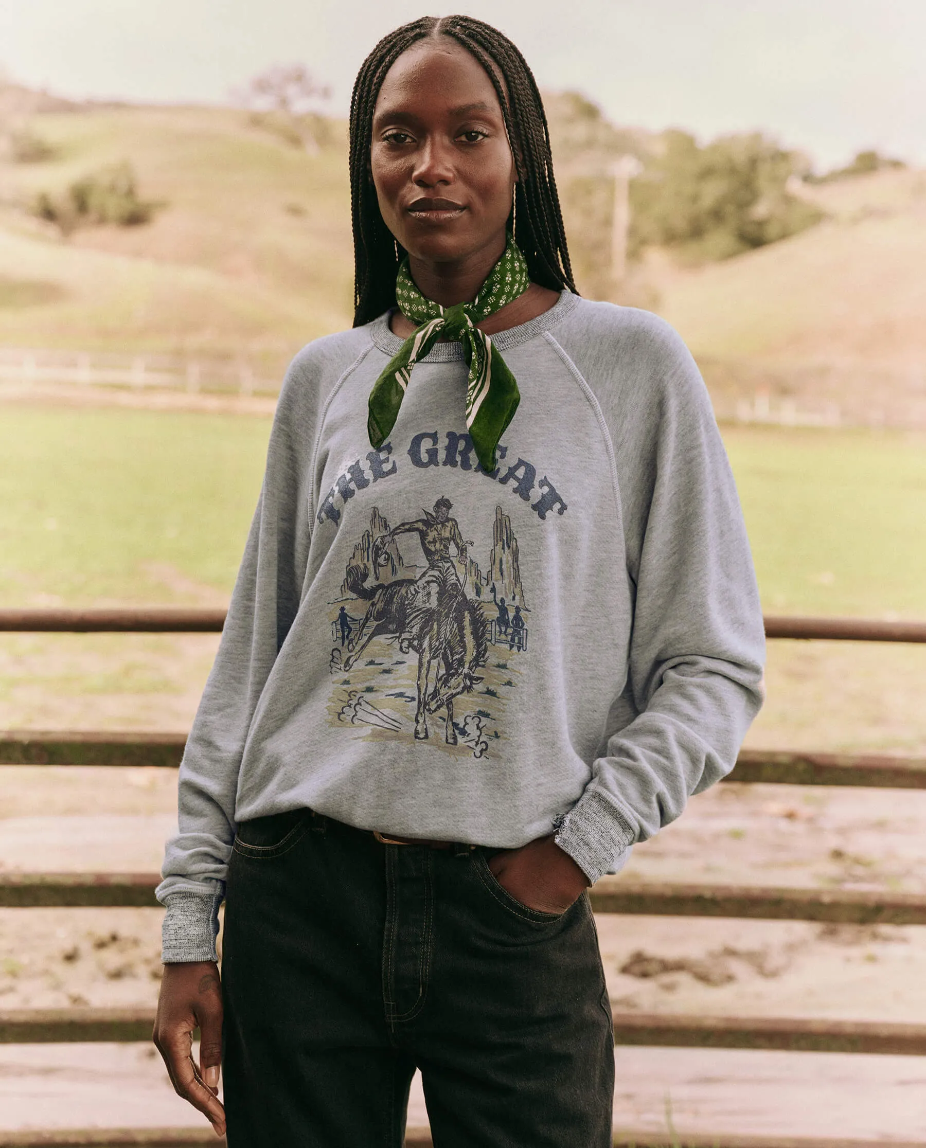 The College Sweatshirt. Graphic -- Soft Heather Grey with  Rodeo Graphic