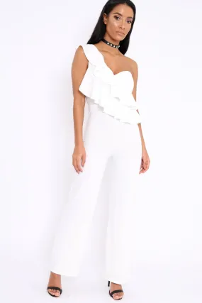 White One Shoulder Ruffle Jumpsuit - Shelley