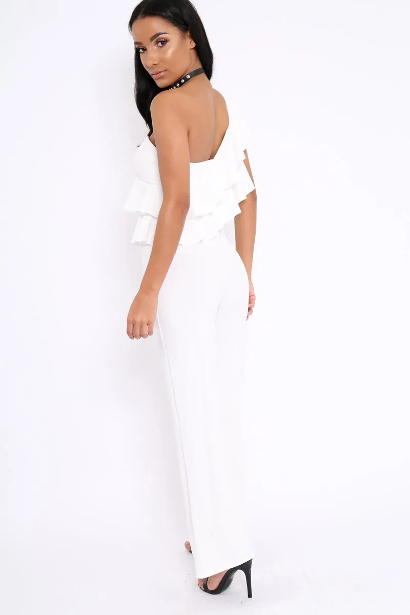 White One Shoulder Ruffle Jumpsuit - Shelley